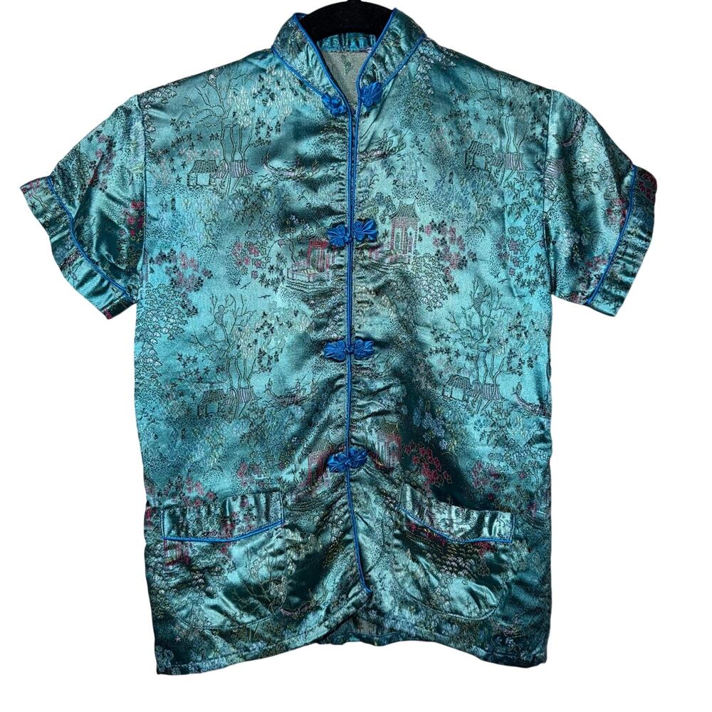 Vintage‎ Teal Blue Silk Brocade Cheongsam Qipao Top Frog Closures 19.5" P2P